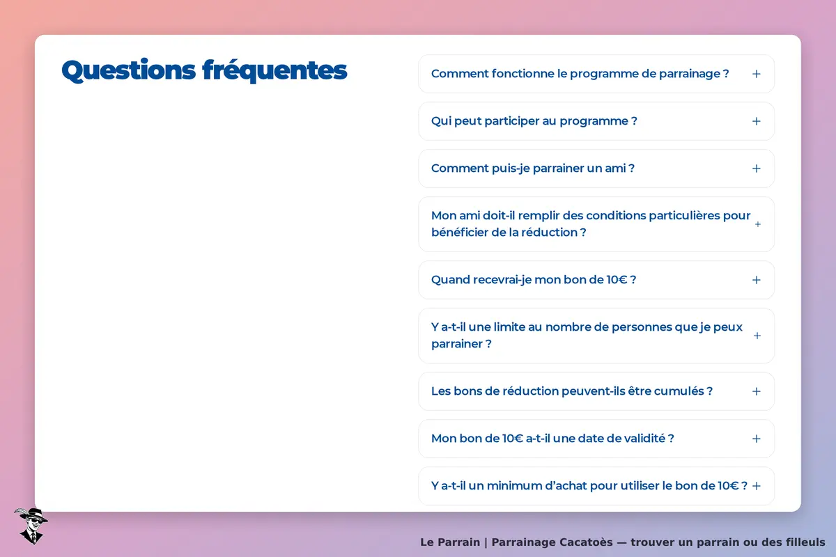 Cacatoès : section des questions fréquentes sur le programme de parrainage