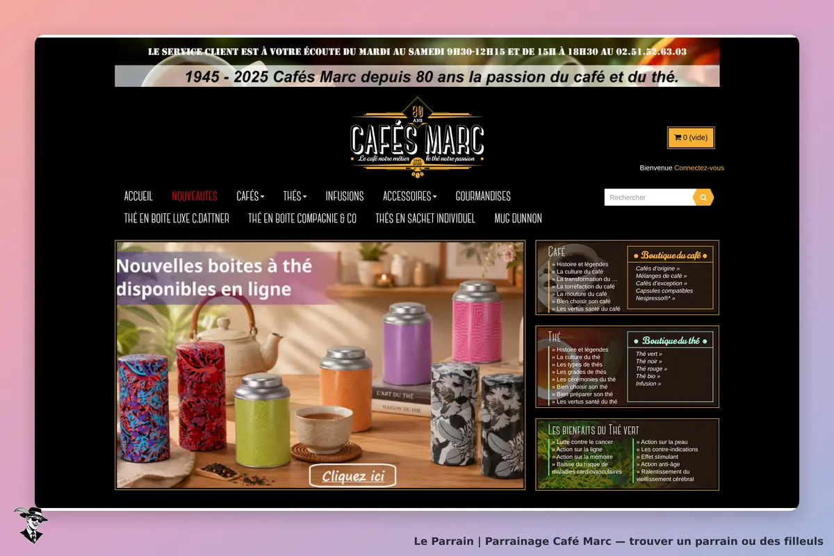 Café Marc : page d'accueil affichant des boîtes à thé colorées et une théière en arrière-plan
