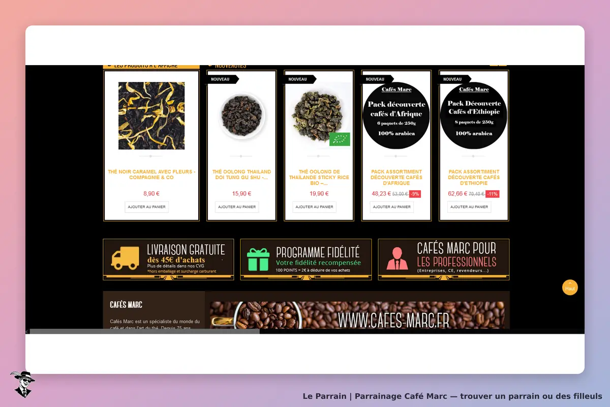 Café Marc : page d'accueil avec divers thés et packs de cafés affichés, options d'achat visibles