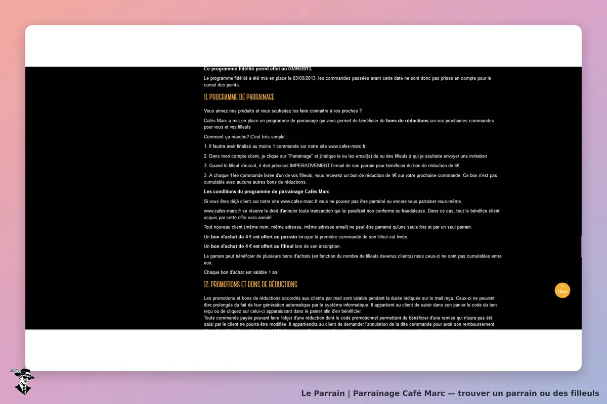 Café Marc : programme de parrainage avec étapes et conditions affichées sur fond noir
