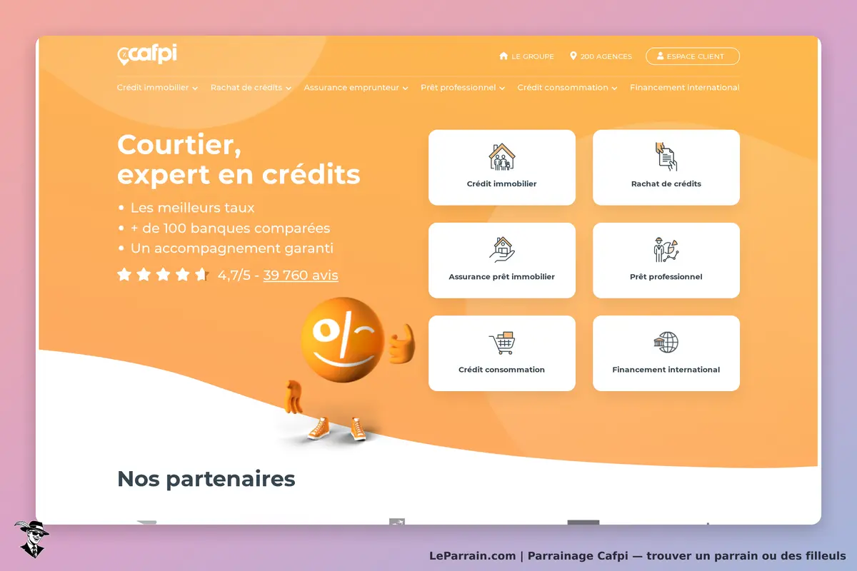 Cafpi : page d'accueil avec services de courtage en crédits et icônes de produits financiers