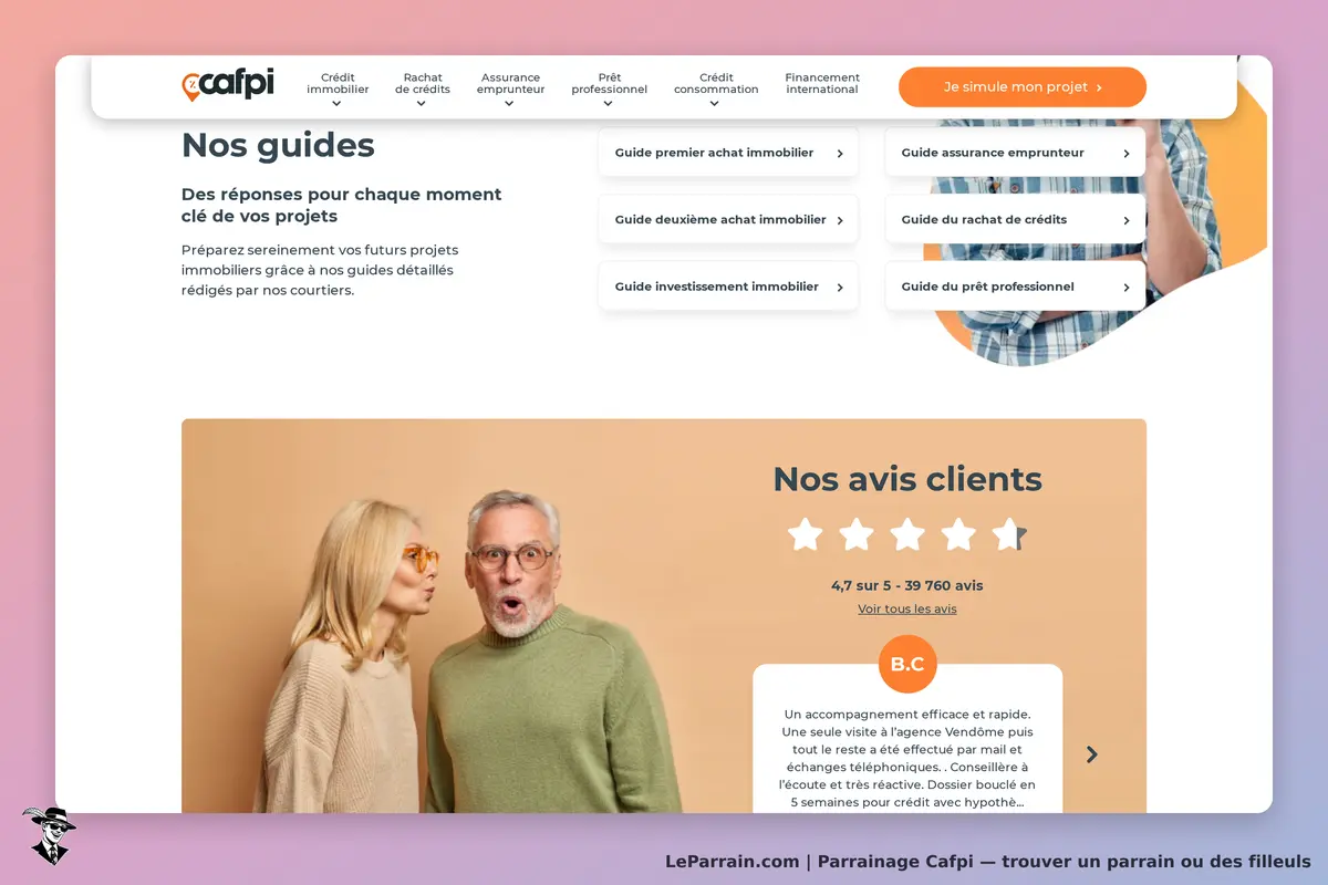 Cafpi : page d'accueil présentant des guides et des avis clients avec des témoignages