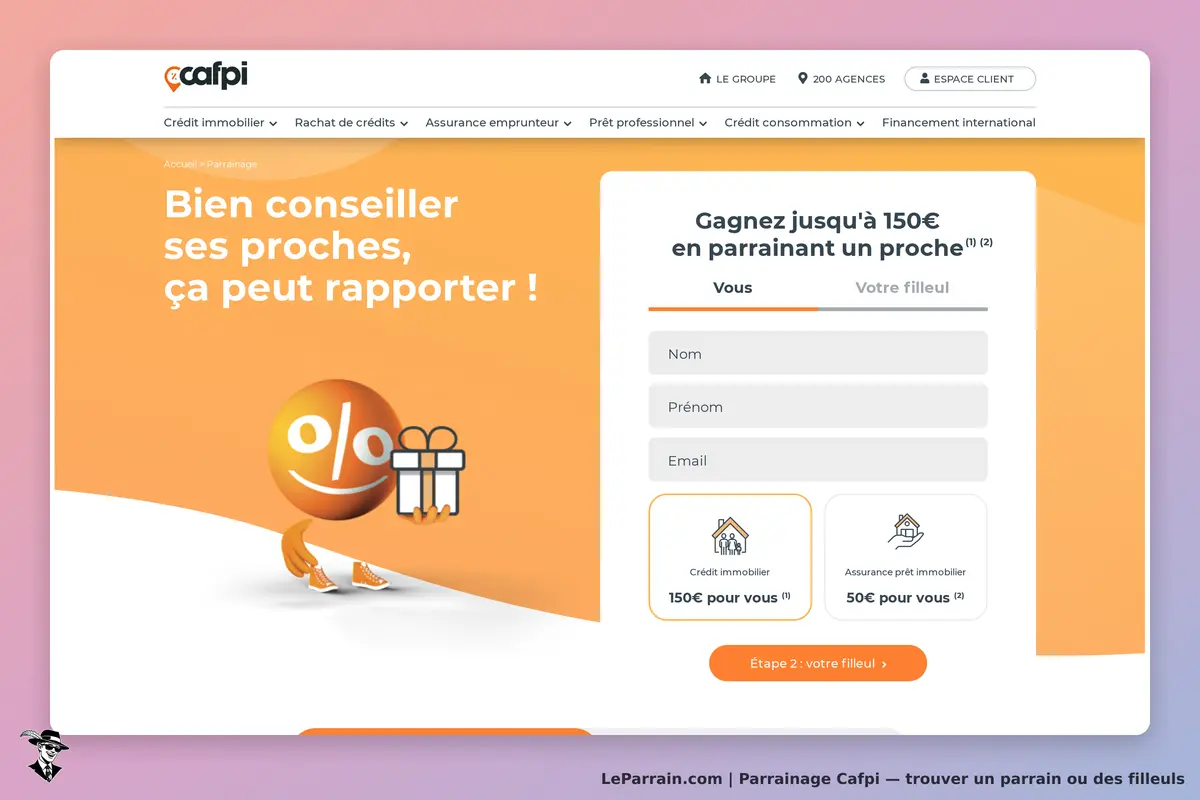 Cafpi : page de parrainage avec formulaire et mascotte souriante tenant un cadeau