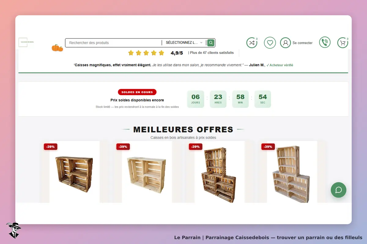 Caissedebois : page d'accueil avec caisses en bois et indication de soldes en cours