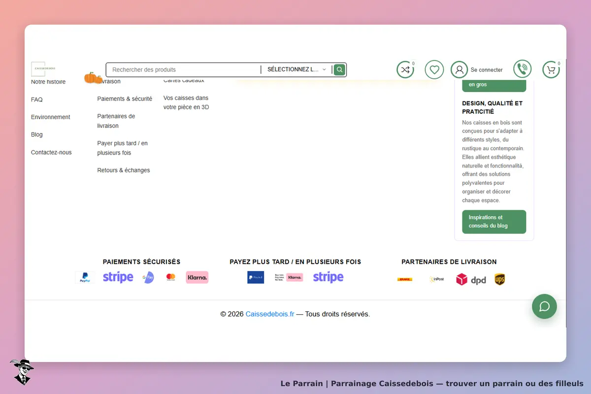 Caissedebois : page d'accueil avec menu, barre de recherche et informations sur les paiements