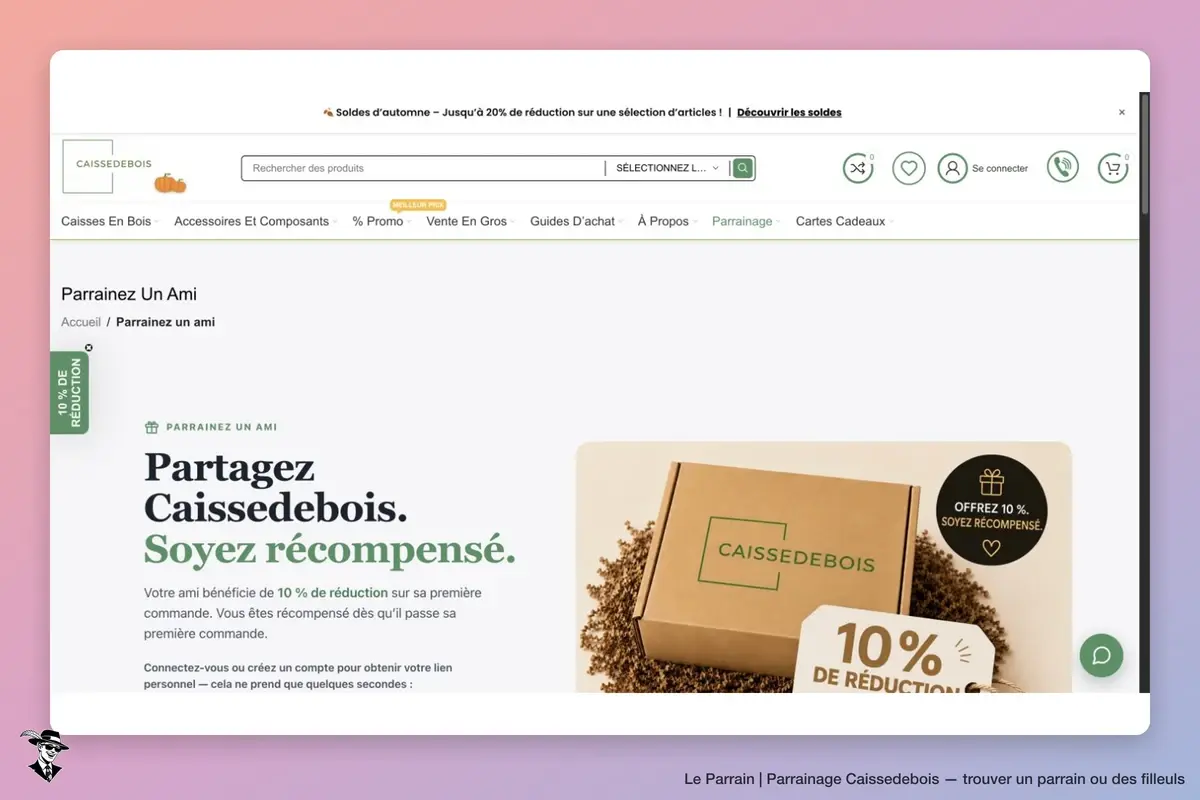 Caissedebois : page officielle du parrainage, 10 % sur la première commande du filleul