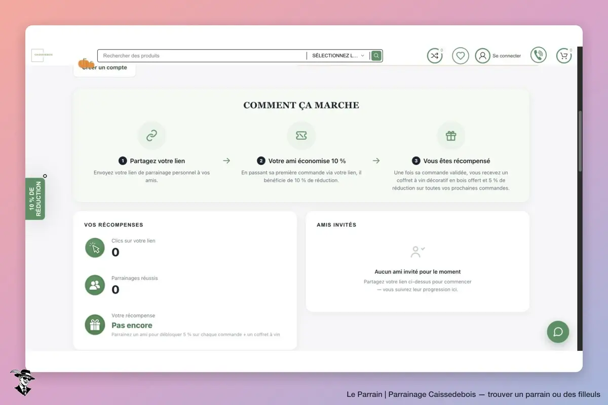 Caissedebois : étapes du parrainage, coffret offert et 5 % sur les commandes suivantes du parrain