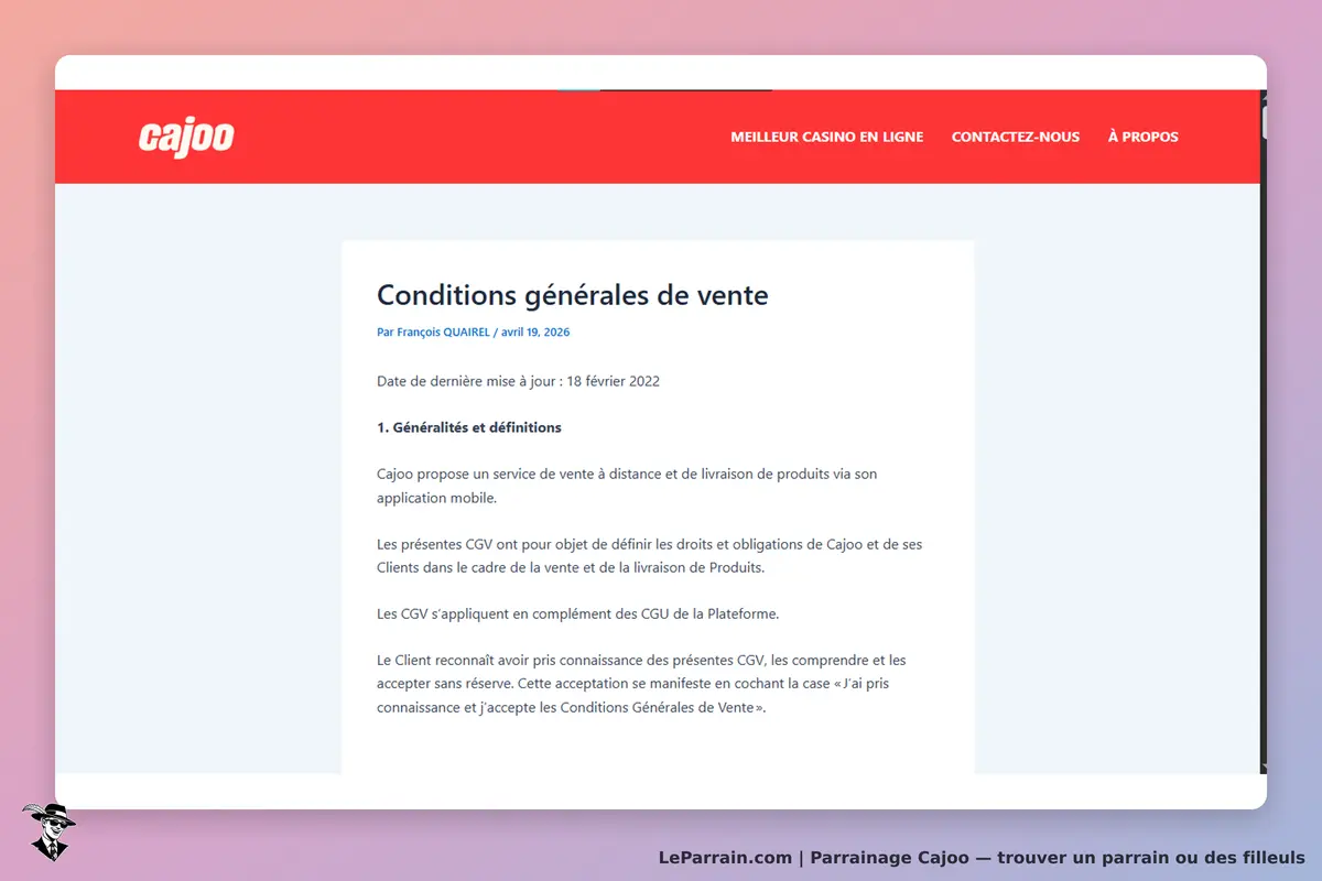 Cajoo : conditions générales de vente sur fond clair avec texte explicatif et date de mise à jour
