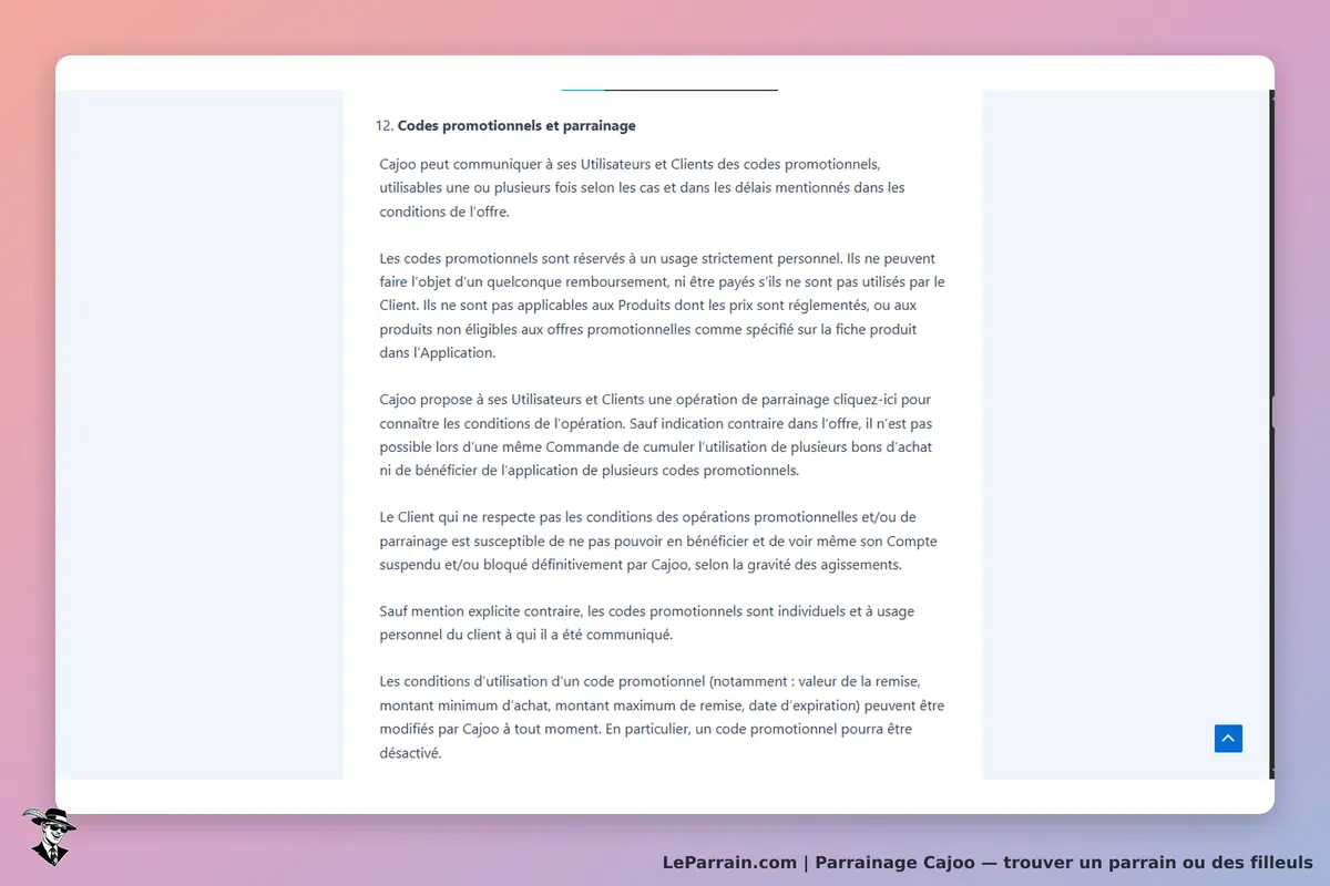 Cajoo : texte explicatif sur les codes promotionnels et le parrainage