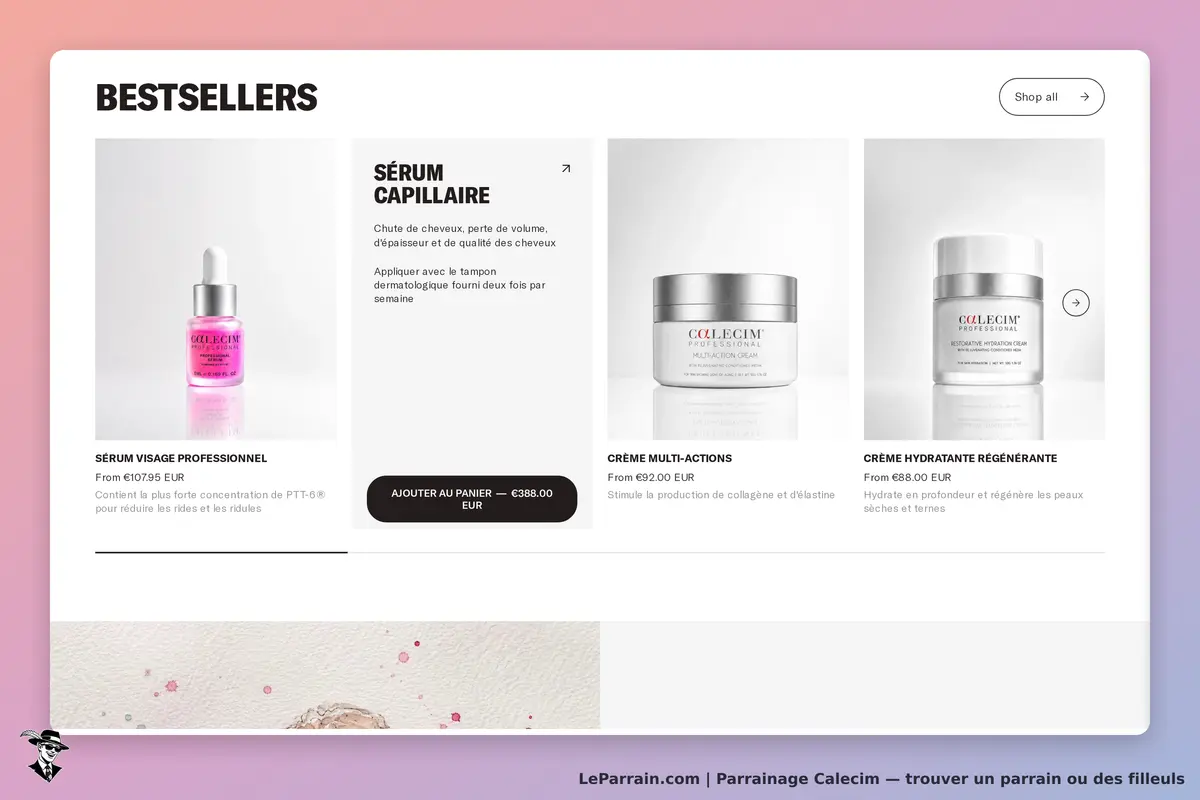 Calecim : section bestsellers avec trois produits de soins de la peau et leurs descriptions