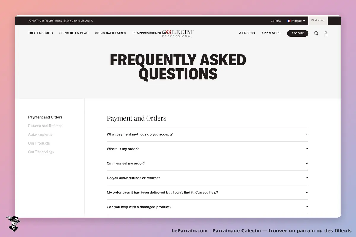 Calecim : page FAQ avec des questions sur les paiements et les commandes
