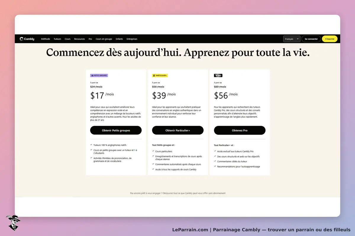 Cambly : page d'accueil présentant trois abonnements avec descriptions et boutons d'inscription