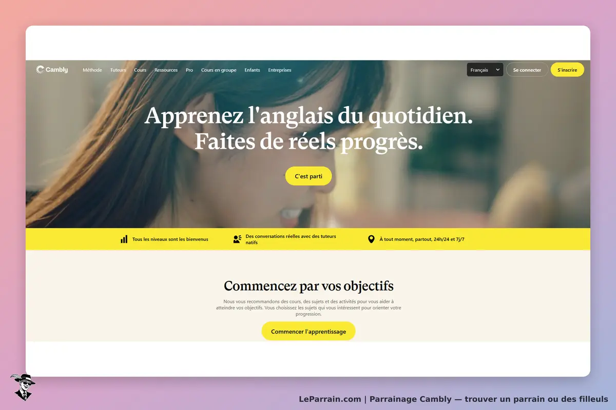 Cambly : page d'accueil avec un slogan sur l'apprentissage de l'anglais et un bouton d'inscription