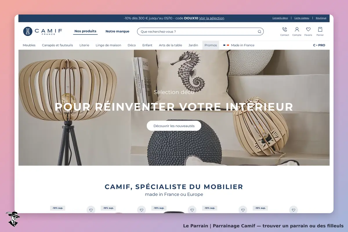 Camif : page d'accueil présentant des objets de décoration et un texte d'invitation à découvrir