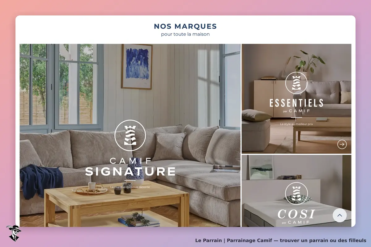 Camif : page d'accueil présentant des marques de mobilier et décoration pour la maison