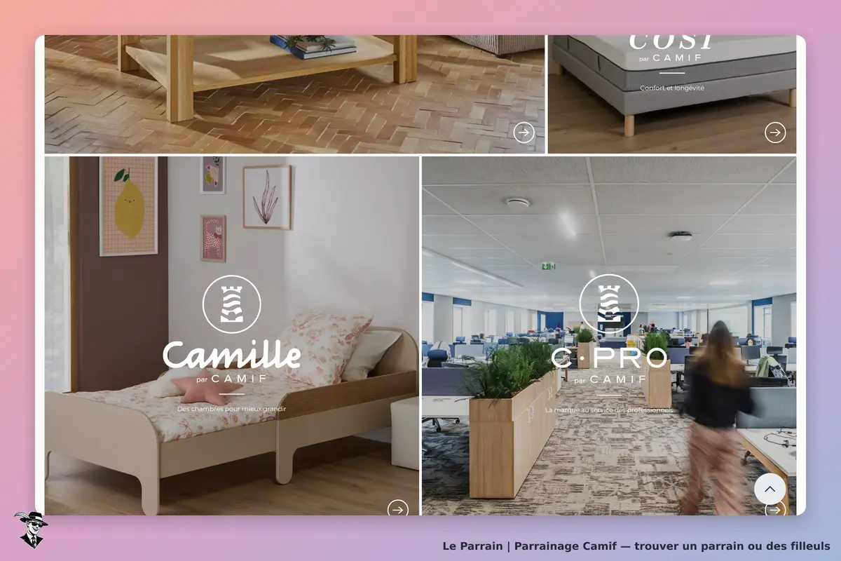 Camif : vue d'ensemble de produits et espaces de travail avec logos des marques Camille et C.Pro