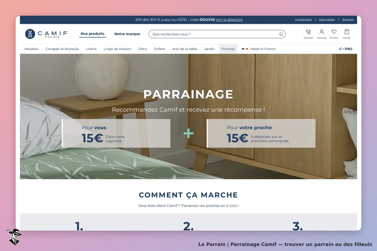 Camif : page d'accueil avec section de parrainage et produits de décoration intérieure