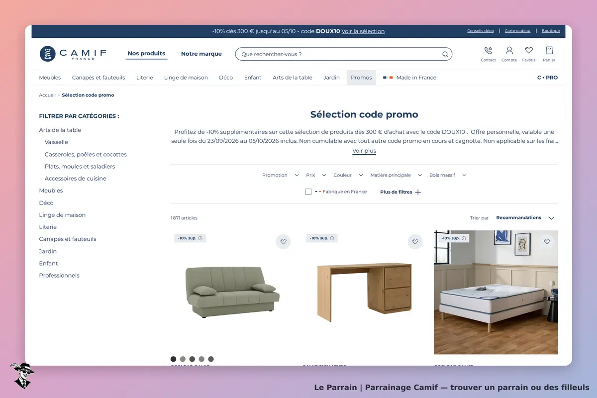 Camif : page de sélection de produits avec canapés, bureau et matelas affichés