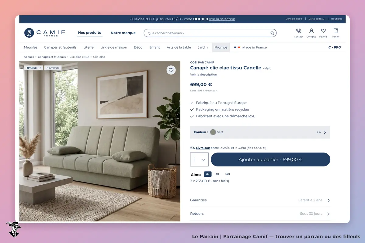 Camif : canapé clic clac tissu Canelle vert dans un intérieur moderne avec un meuble en béton