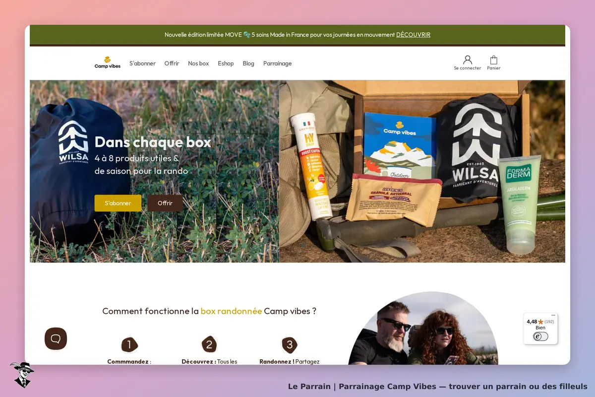 Camp Vibes : page d'accueil avec produits de randonnée et instructions d'abonnement