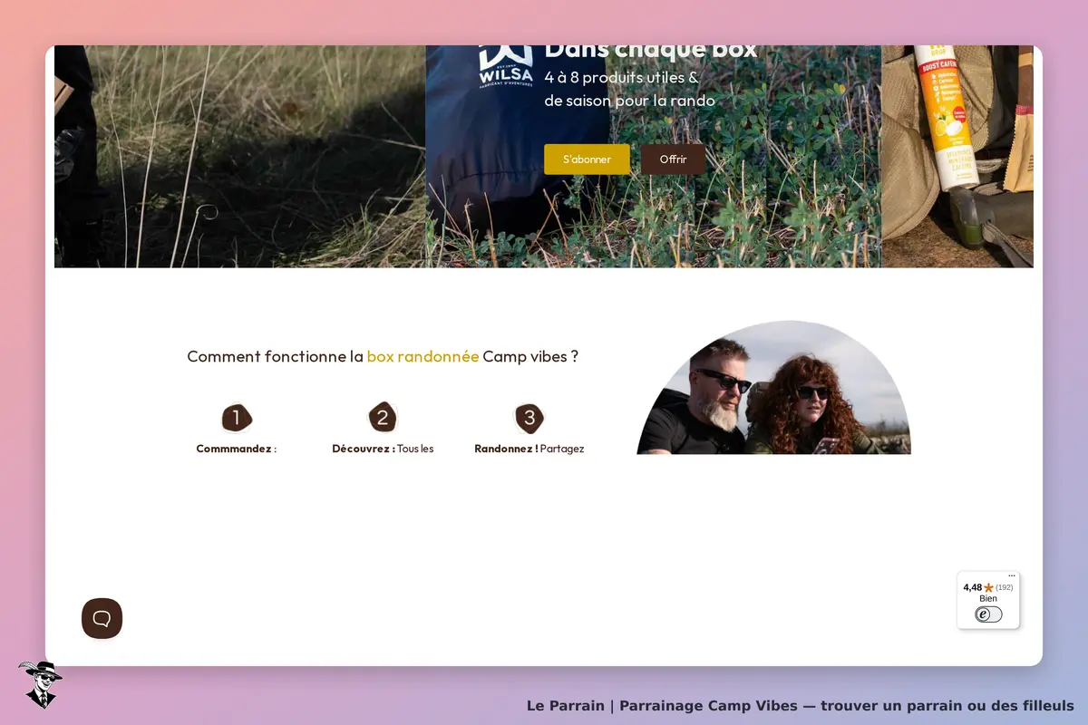 Camp Vibes : page d'accueil présentant le fonctionnement de la box randonnée et des images de