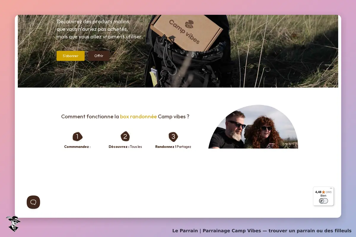 Camp Vibes : page d'accueil avec un produit et des étapes de fonctionnement de la box randonnée
