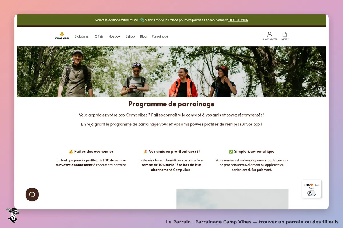 Camp Vibes : page d'accueil présentant le programme de parrainage avec des images de personnes en