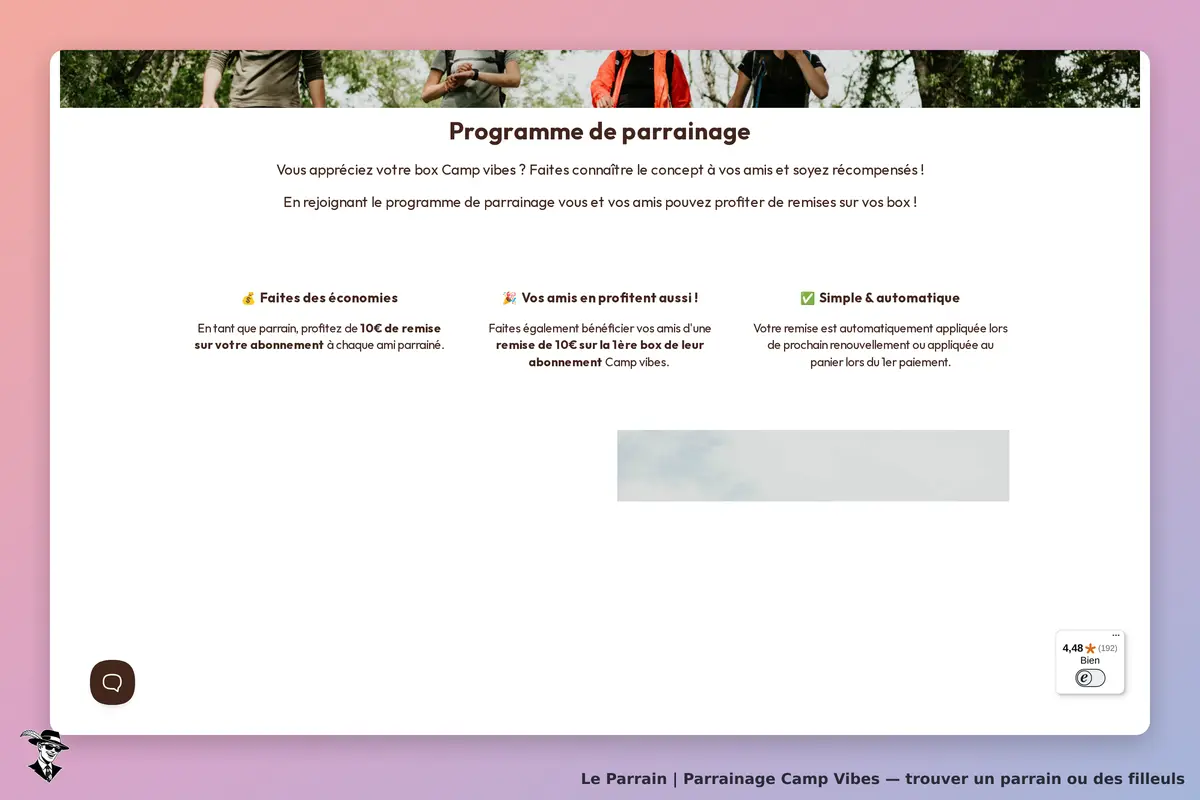 Camp Vibes : section sur le programme de parrainage avec trois avantages présentés