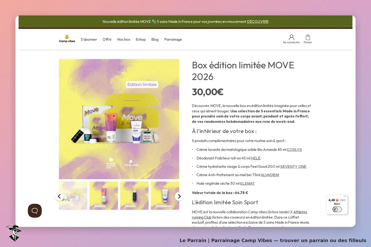 Camp Vibes : page produit affichant une box édition limitée MOVE avec divers soins et descriptions