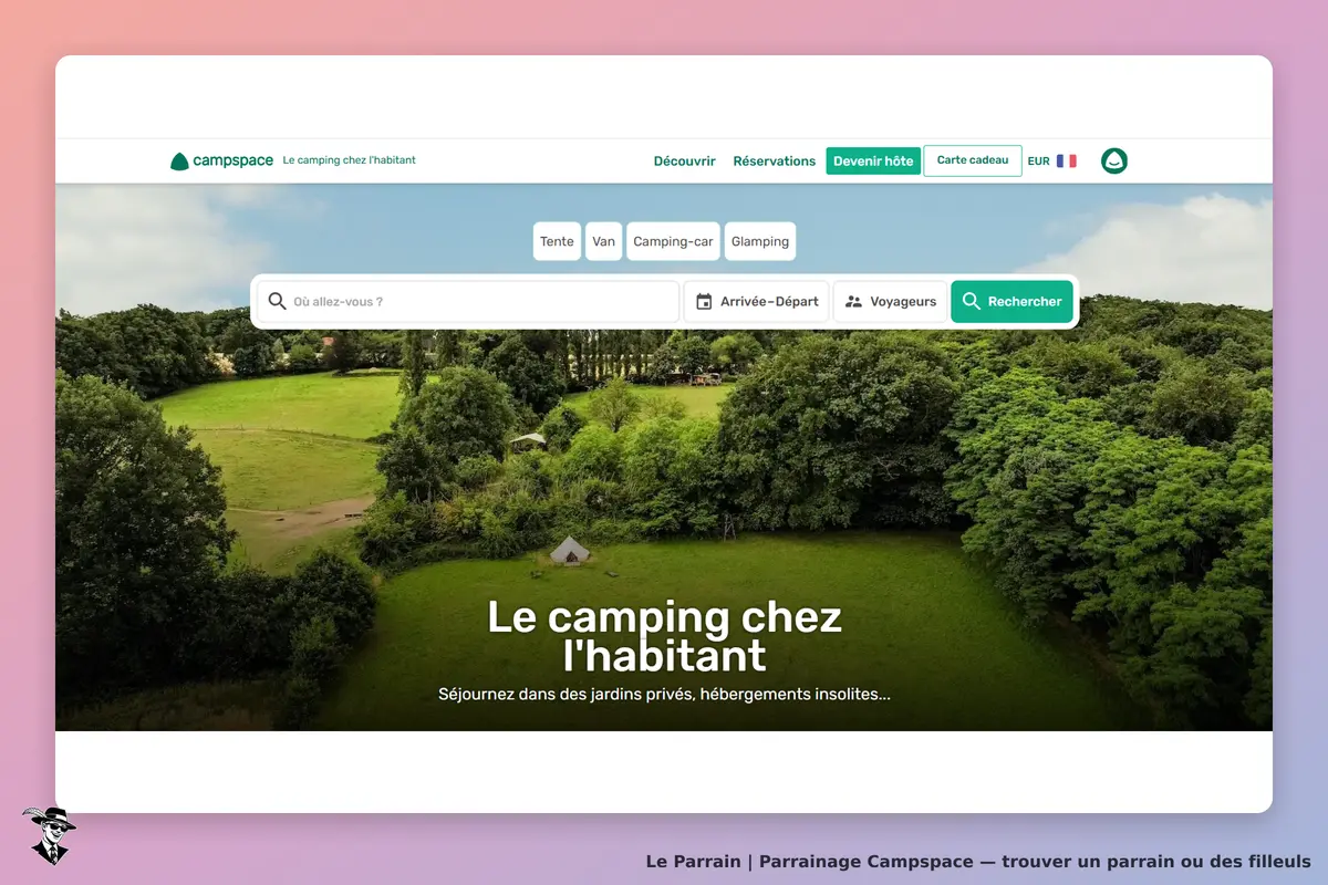 Campspace : page d'accueil avec un champ de recherche et une vue de nature verdoyante