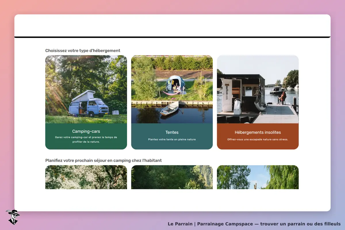 Campspace : choix de types d'hébergement avec images de camping-cars, tentes et hébergements