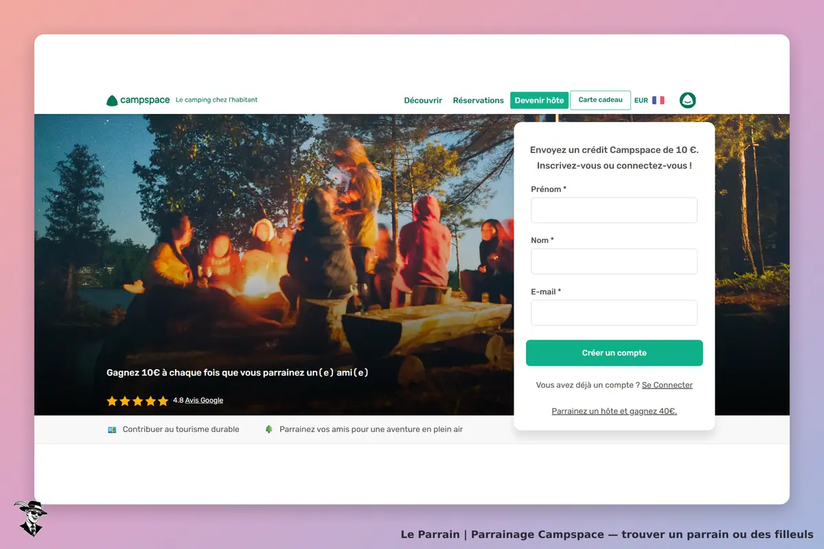 campspace : page d'accueil avec un groupe autour d'un feu et un formulaire d'inscription à droite