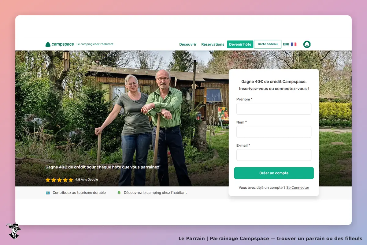 Campspace : deux personnes devant un camping, formulaire d'inscription à droite de l'image