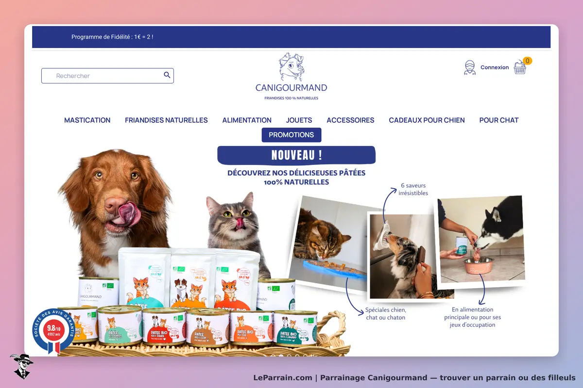 Canigourmand : page d'accueil avec animaux, produits alimentaires et promotions visibles