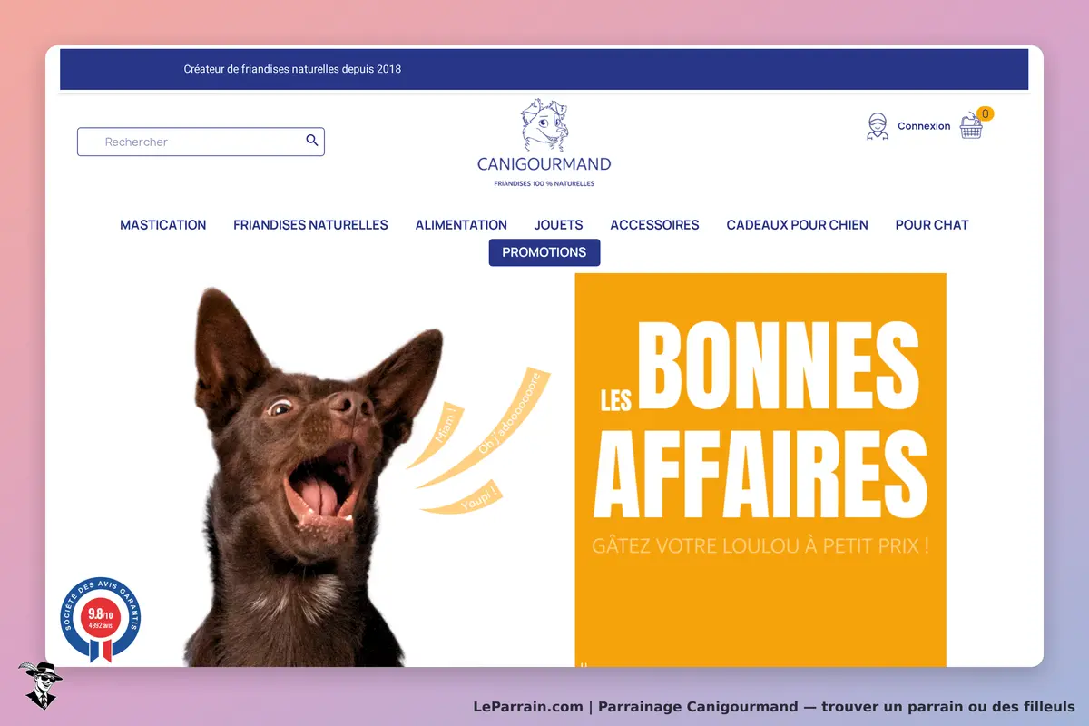 Canigourmand : page d'accueil avec un chien surpris et un encadré "Les bonnes affaires"