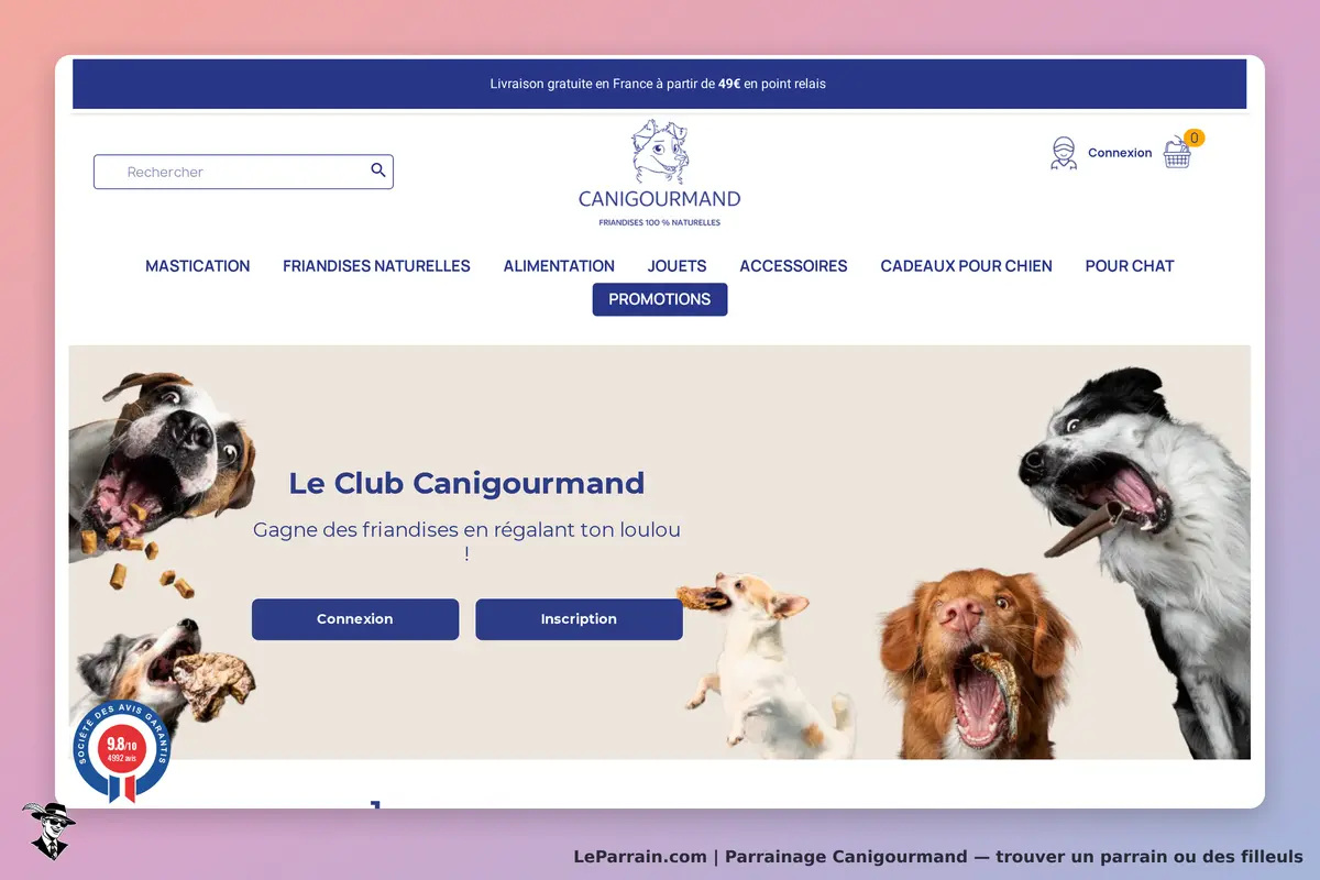 Canigourmand : page d'accueil avec chiens et options de connexion et d'inscription au Club