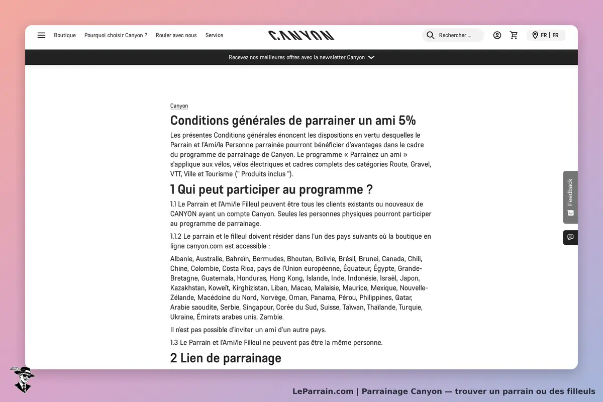 Canyon : conditions générales du programme de parrainage avec liste des pays participants