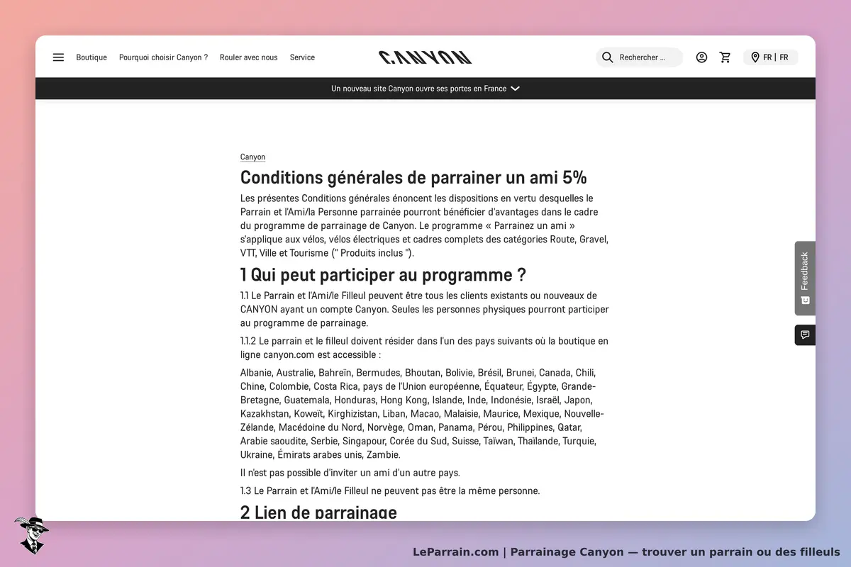 Canyon : conditions générales du programme de parrainage et liste des pays participants