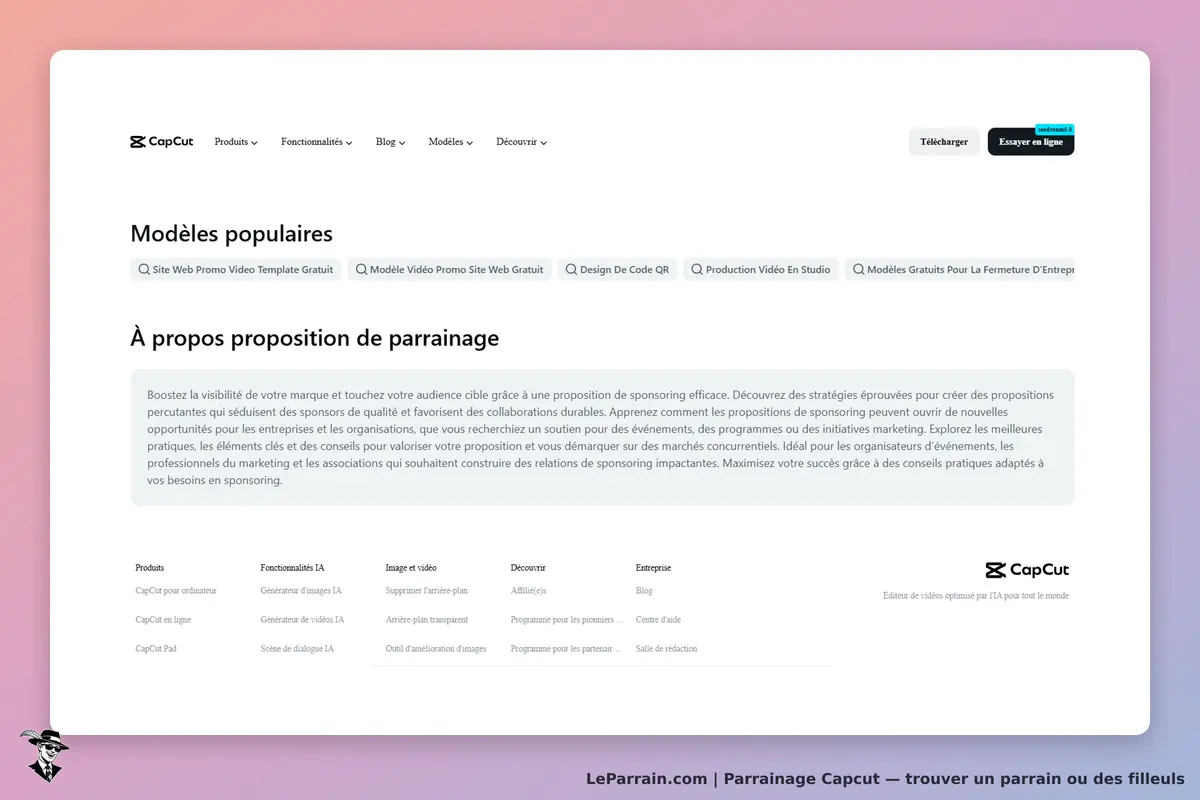CapCut : page présentant des modèles populaires et des informations sur le parrainage