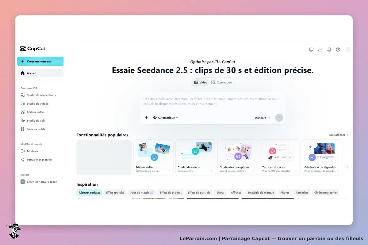 CapCut : page d'accueil avec options de création et fonctionnalités populaires d'édition vidéo