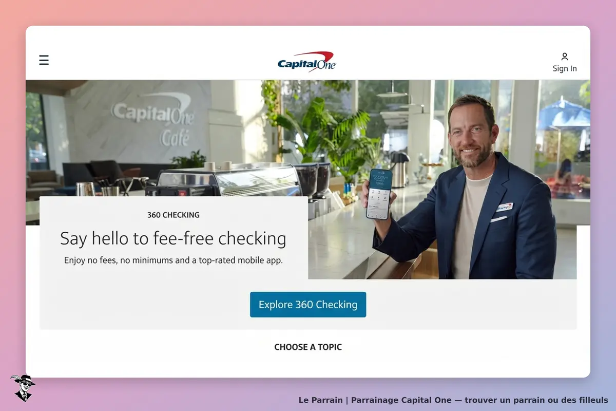 Capital One : homme souriant montrant une application sur smartphone dans un café lumineux