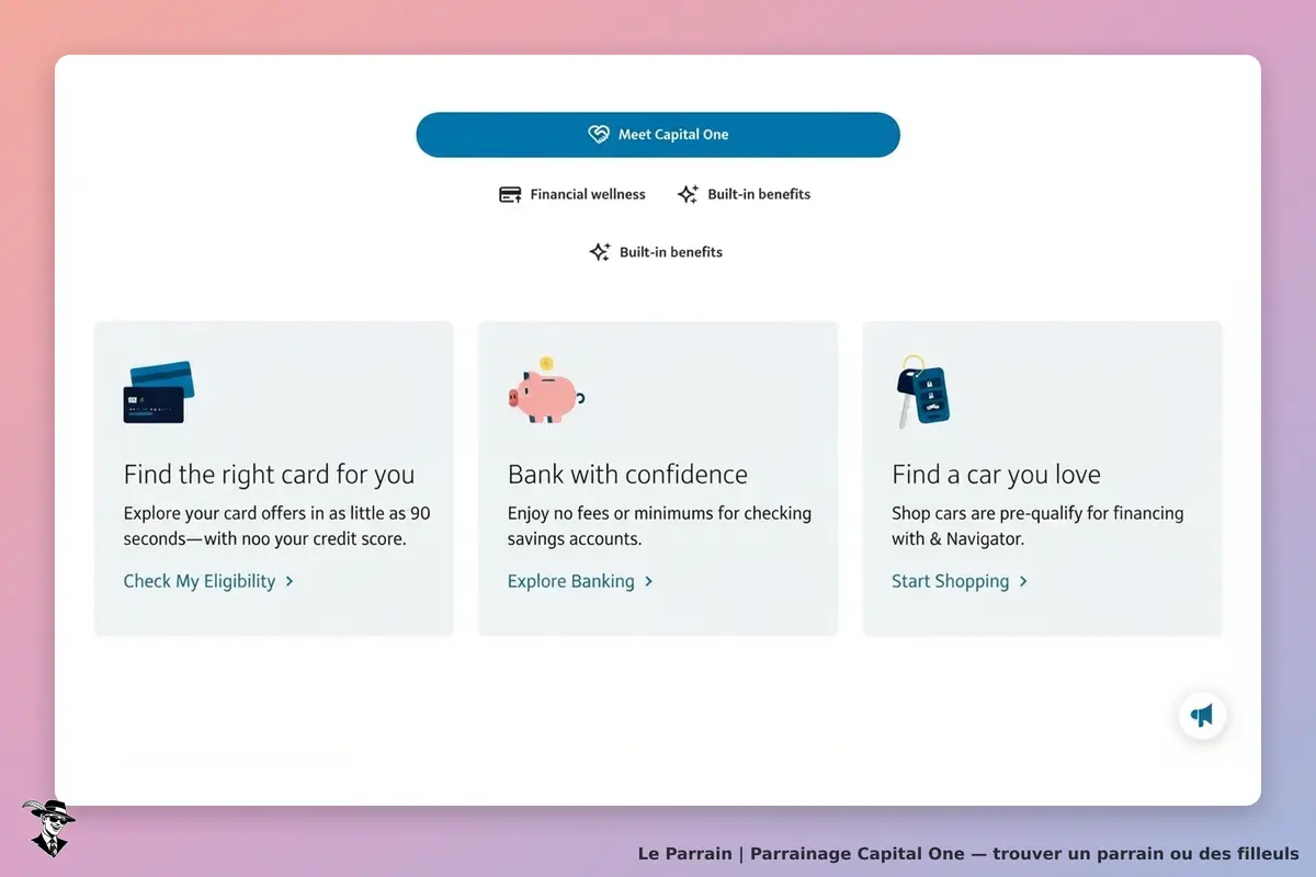 Capital One : page d'accueil avec trois options pour explorer des services financiers