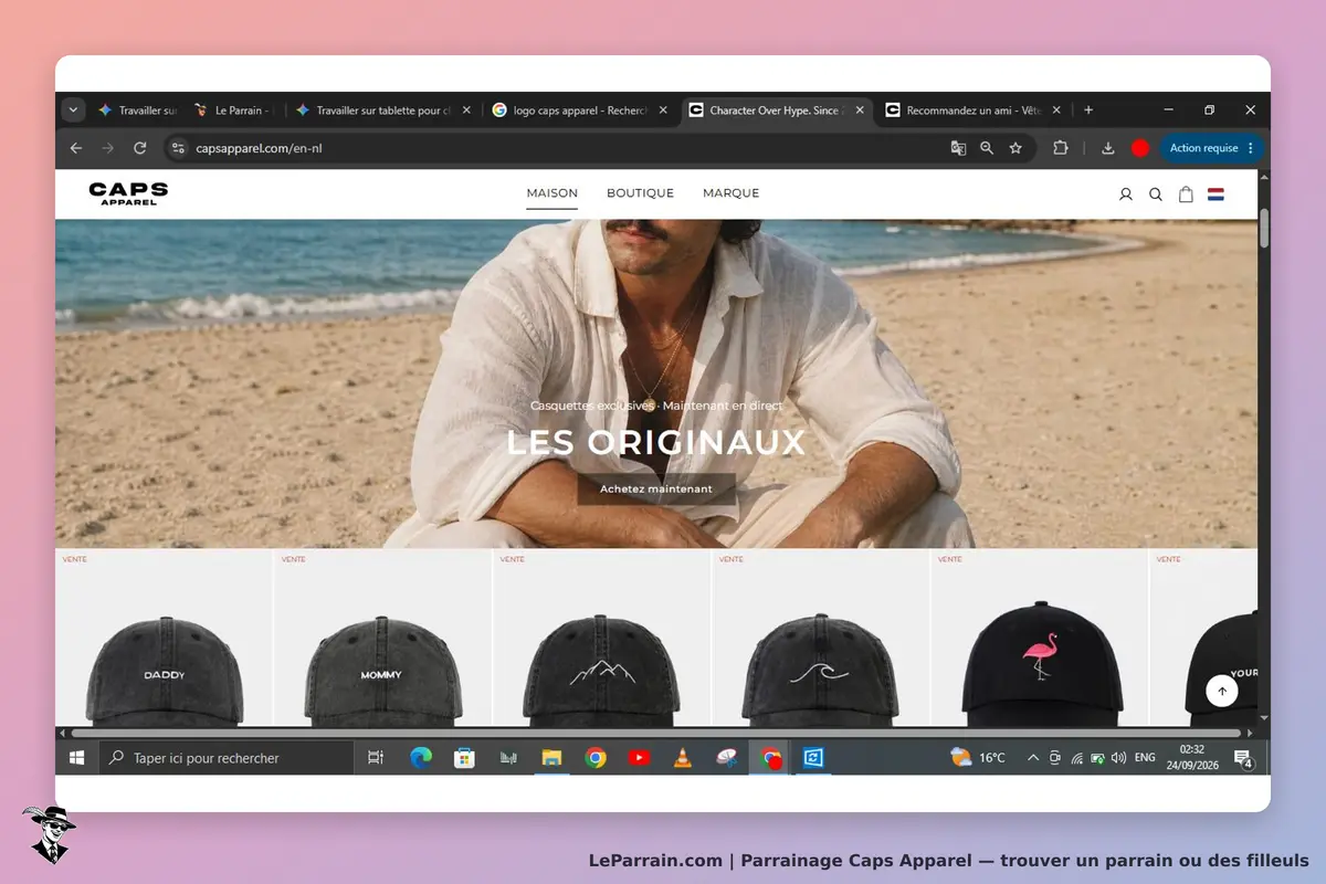 Caps Apparel : page d'accueil avec un homme sur la plage et plusieurs casquettes affichées