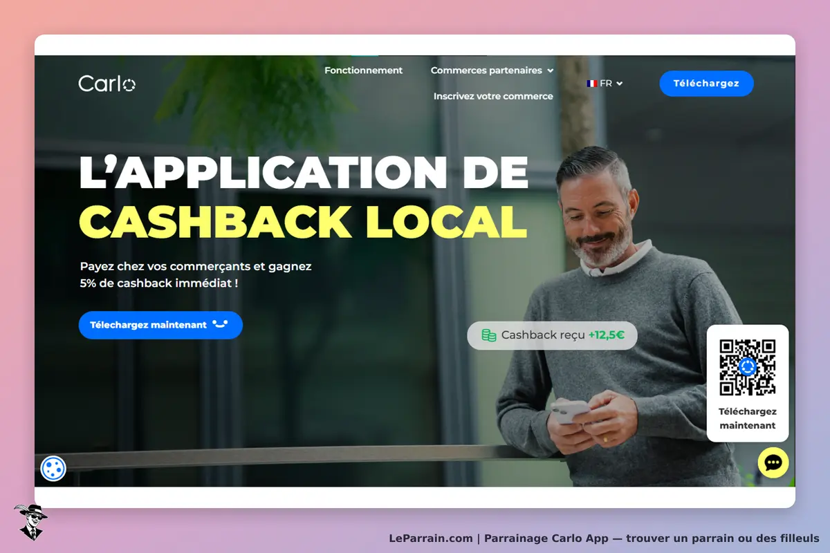 Carlo App : carlo : page d'accueil présentant l'application de cashback local avec un utilisateur
