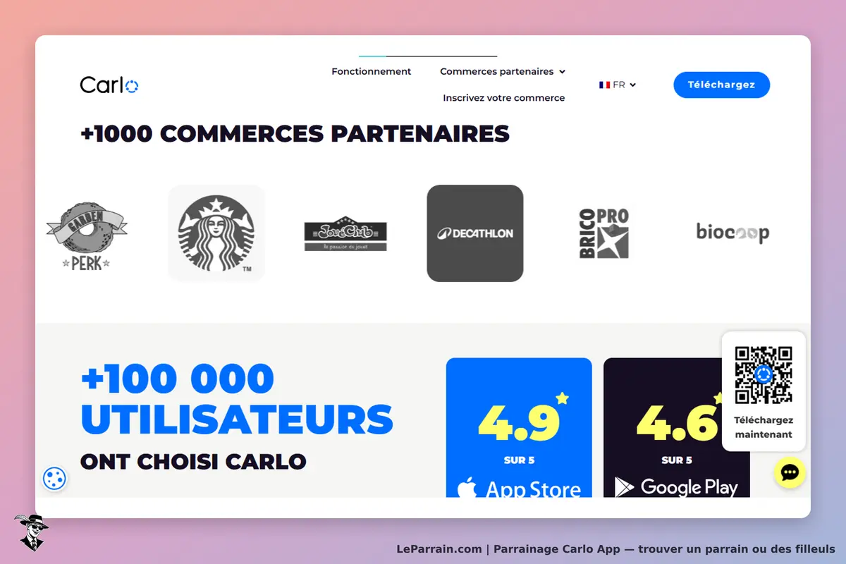 Carlo App : carlo : page d'accueil affichant des commerces partenaires et évaluations