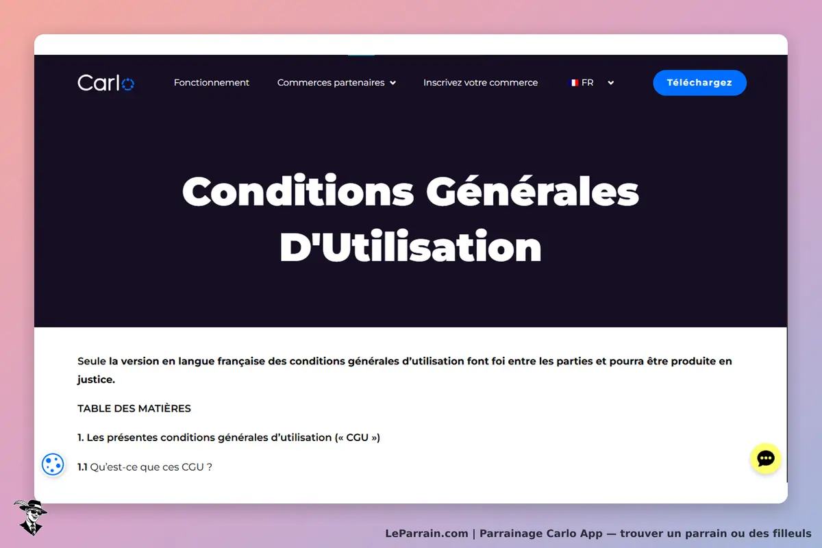 Carlo App : carlo : page des conditions générales d'utilisation avec table des matières visible
