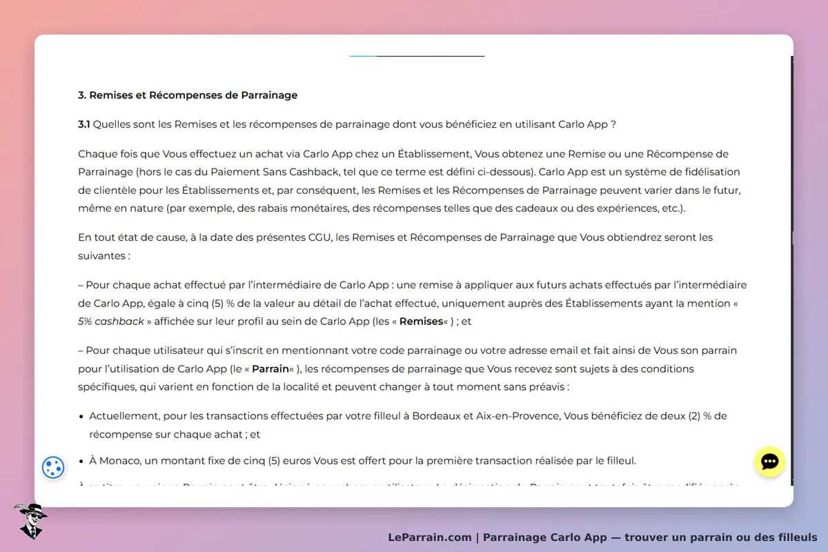 Carlo App : section sur les remises et récompenses de parrainage avec explications détaillées