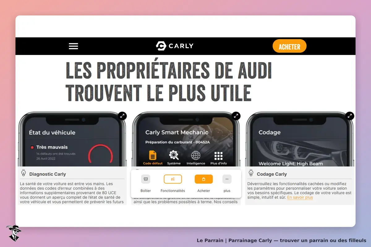 Carly : page d'accueil avec trois fonctionnalités pour véhicules Audi et descriptions associées