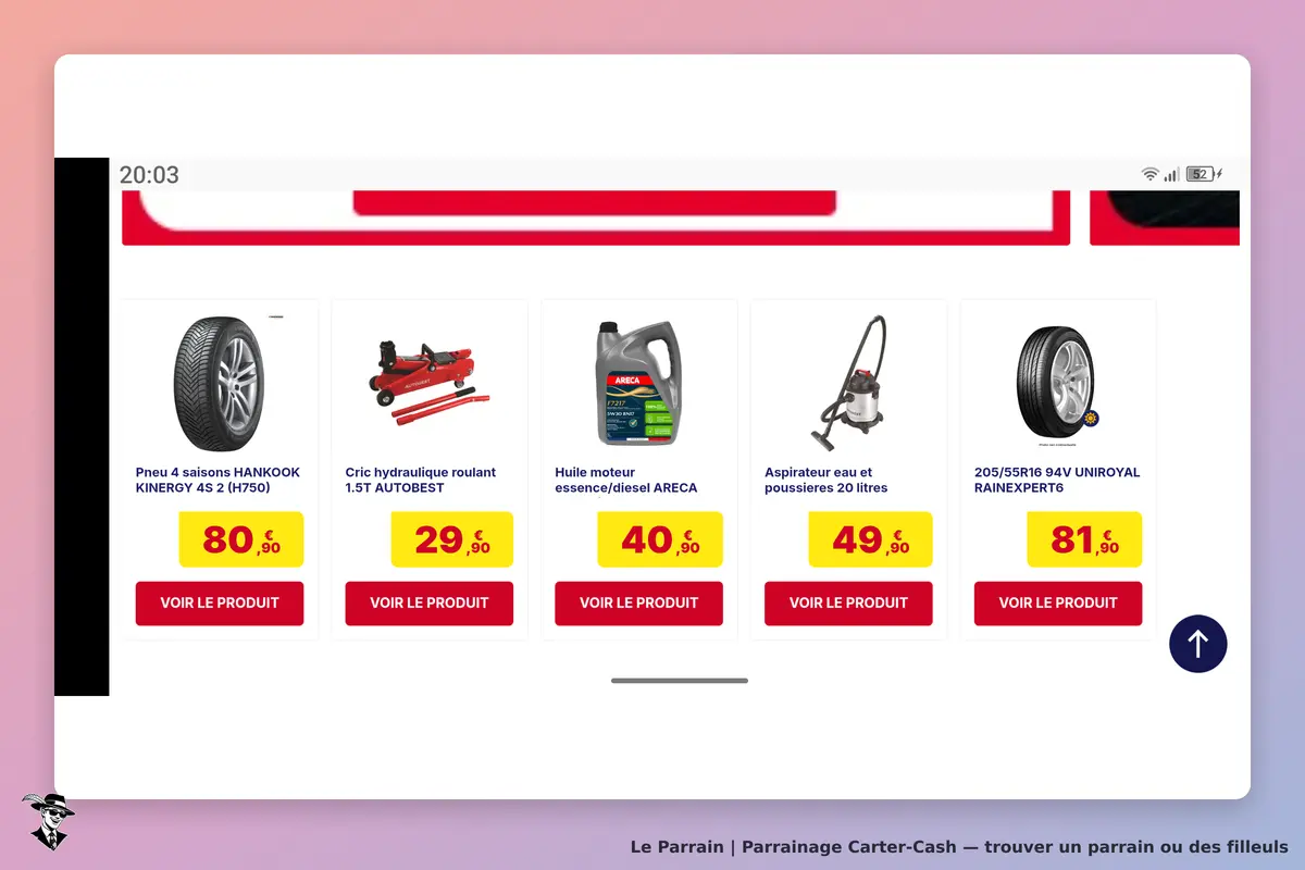 Carter-Cash : page d'accueil avec divers produits automobiles affichés et boutons de sélection
