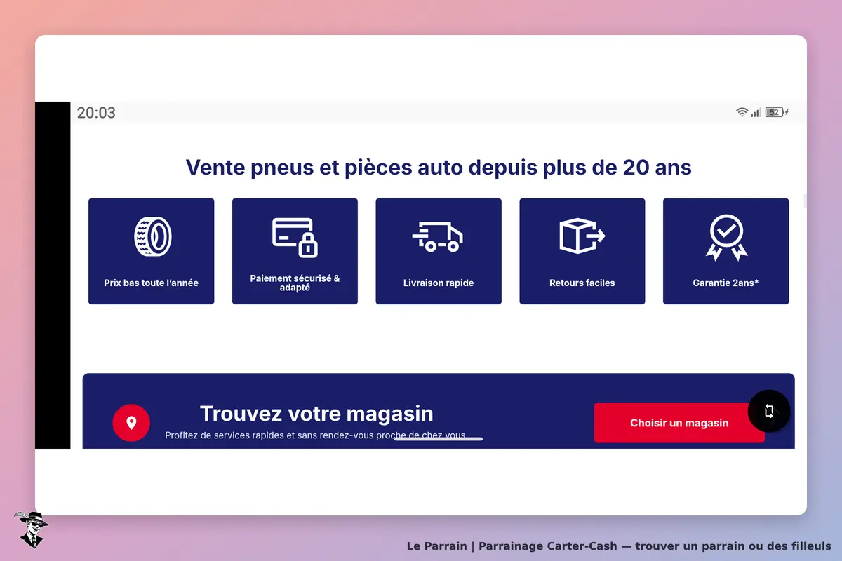 Carter-Cash : page d'accueil avec options de services et bouton pour choisir un magasin